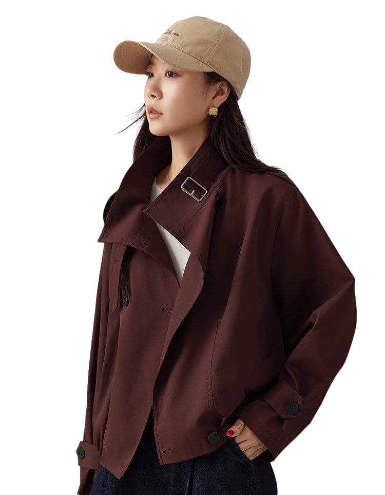 

Синий берилл Короткий тренч с подкладкой Стойка Длинный Эластичный и Рукав из плотного Идеально для весны и имеет длинные рукава и стильный красный женский