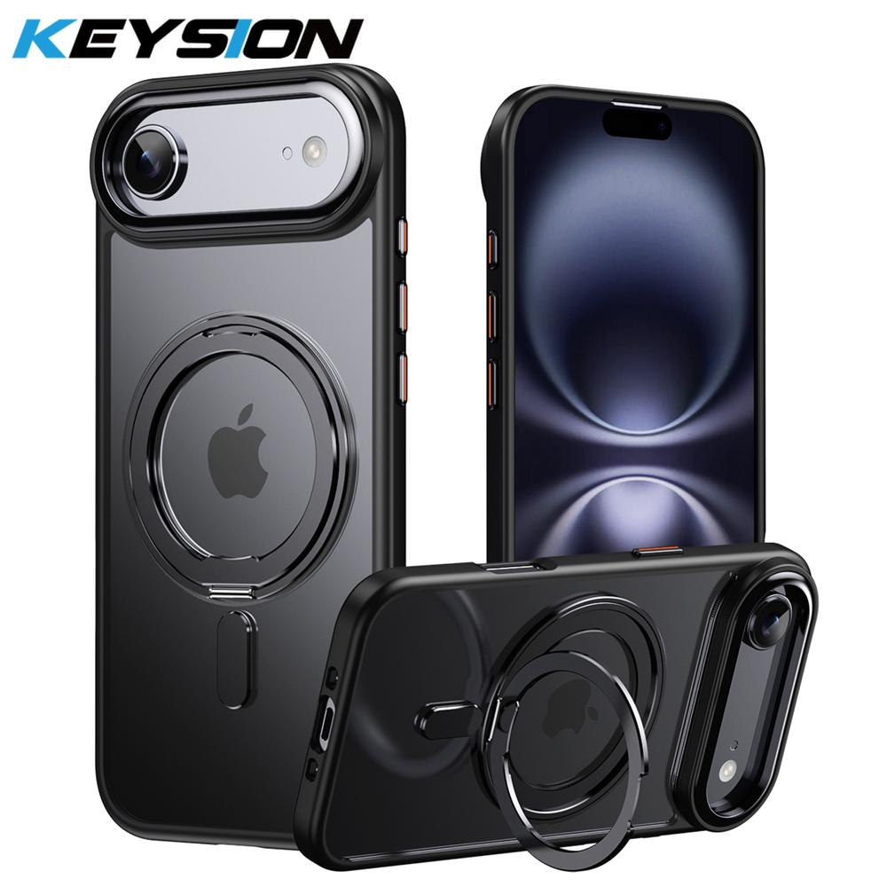 KEYSION Shockproof Transparent Matte Case for MagSafe for iPhone 17 17 Air 360° Magnetic Ring Stand Wireless Charging Phone Back Cover