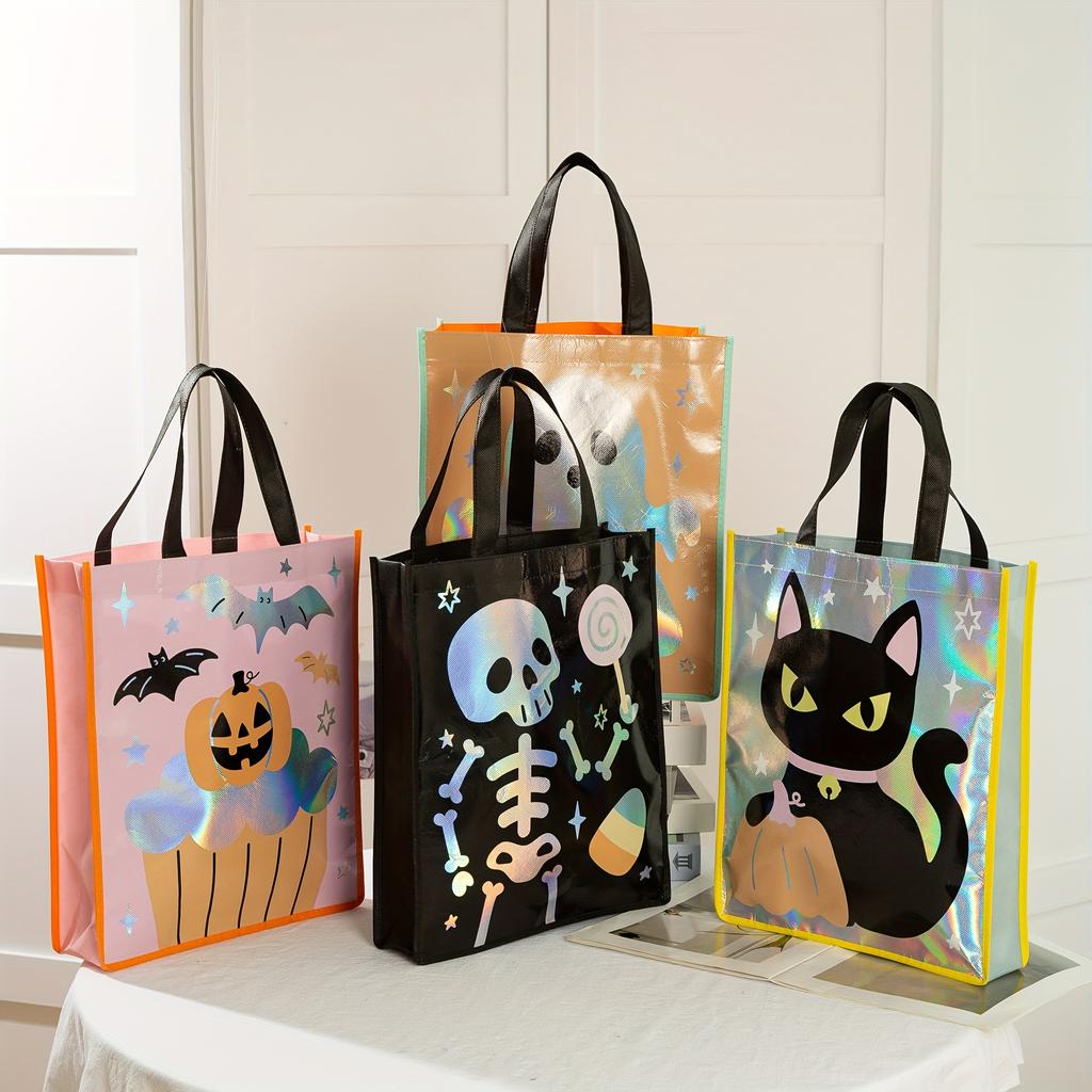 Halloween Party Bags - Non-Woven Fabric Gift Bags with Pumpkin, Grimace, Cat, Bats, Candy Designs  - Sturdy Handles for Trick