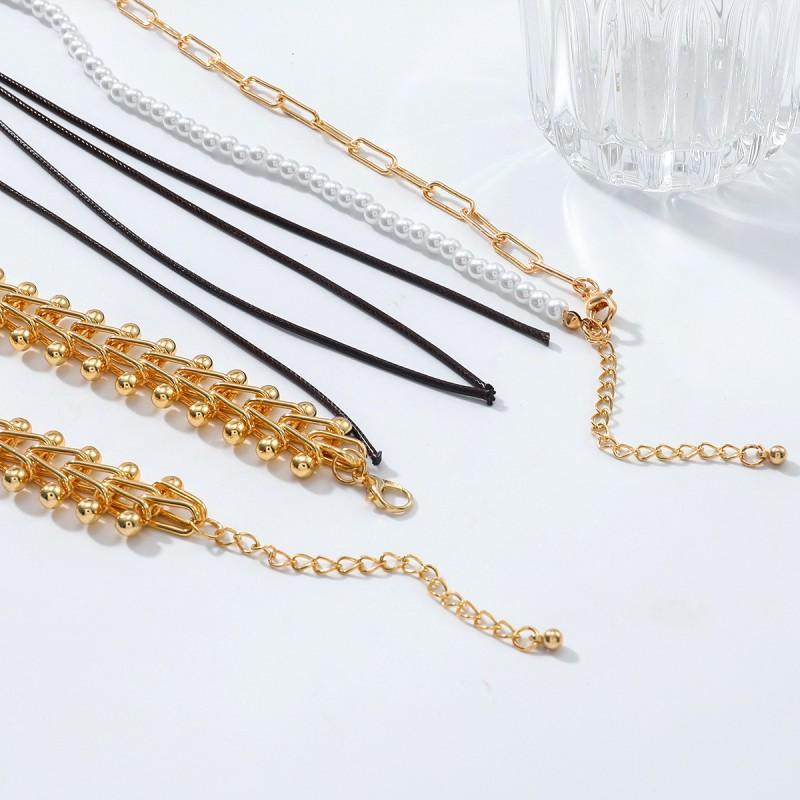 Handmade Vintage Geometric Layered Pendant Necklace Women Zinc Alloy Gold Tone PearlStyle Statement Jewelry