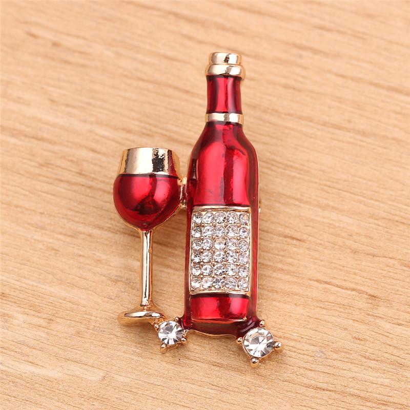 Luxury Exquisite Red Wine Cup Wine Bottle Shape Brooches Crystal Rhinestone Pins For Women Men Hats Suit Accessories Jewelry