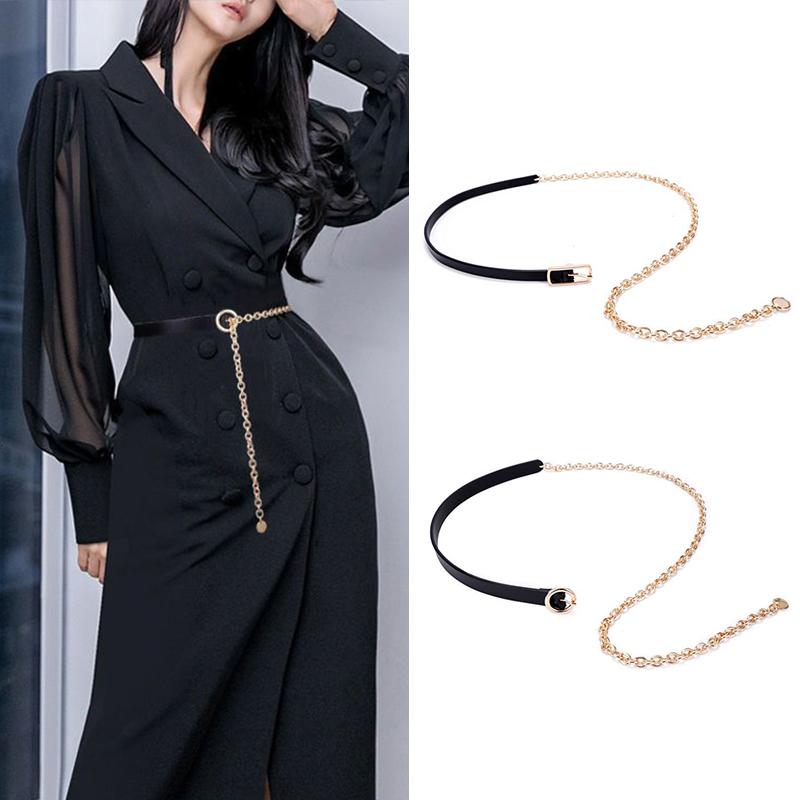 Thin Belt Women Metal Chain Black Pu Leather Splicing Belt Trendy Shirt Decoration Suit Matching All-Match Dress Shirt Chain