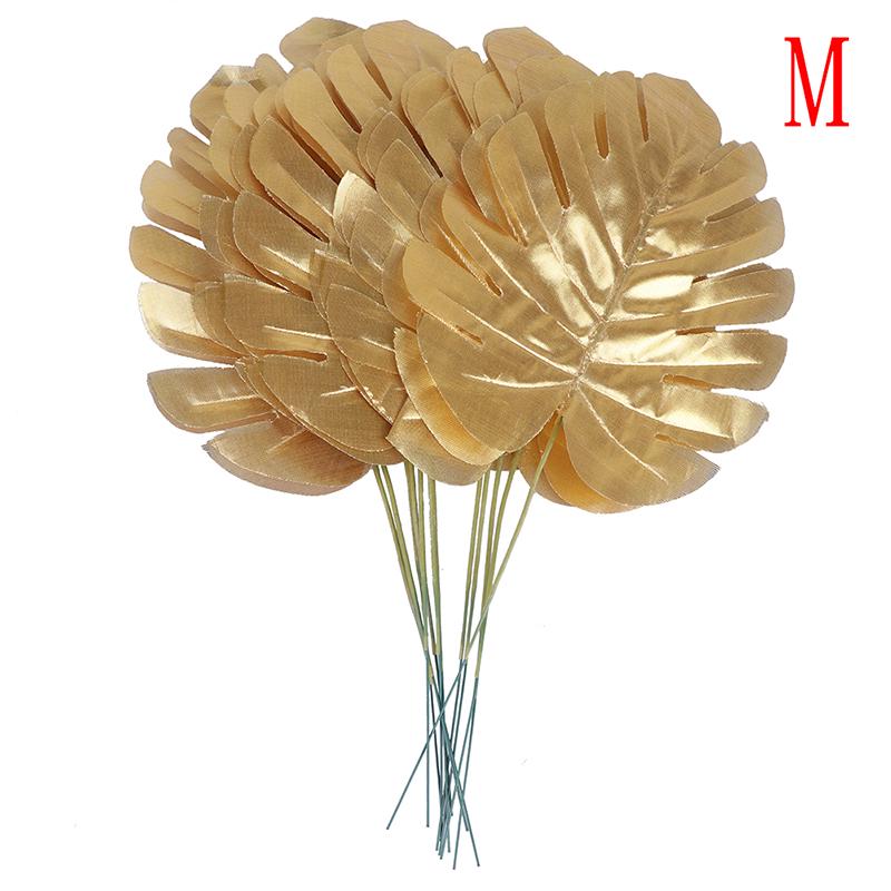 12 stk gull Kunstige falske palmeblader grønne planter Hjem bryllup DIY dekorasjon