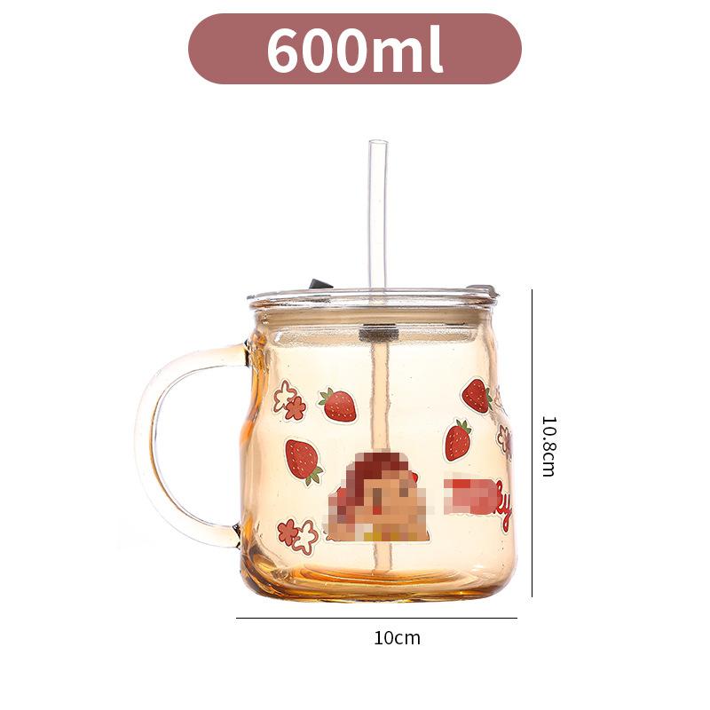 

Мультяшный стакан с соломинкой из стекла, с крышкой и ручкой, офисный стакан для воды большого объема, креативная наклейка, милая кофейная чашка About 600ml
