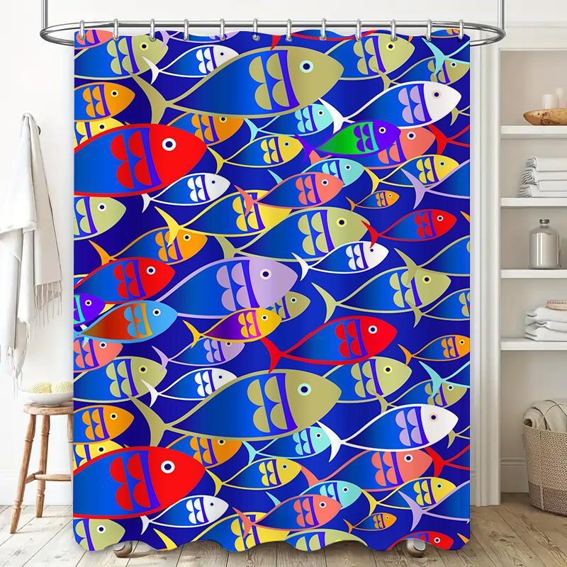 Colorful Fish Print Shower Curtain Creative Blue Background with Multiple Designs Bathroom Decor for Kids Adults