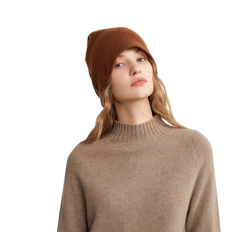 Pure Cashmere Autumn and Winter New Women's Simple Solid Color Pile Hat Warm Toe Knitted Hat