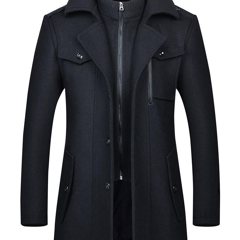 European Style Woolen Double Collar Men's Windbreaker – Vertical Zipper, Thickened Plus Size for Autumn/Winter.