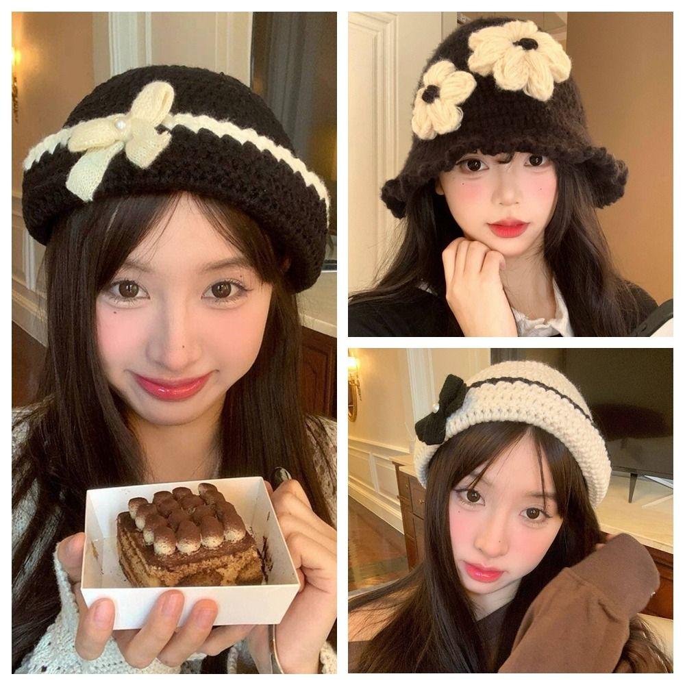 Hollow Out Flower Weave Cap Korean Style Bowknot Beanies Hat Crochet Flower Knitted Hat Girls