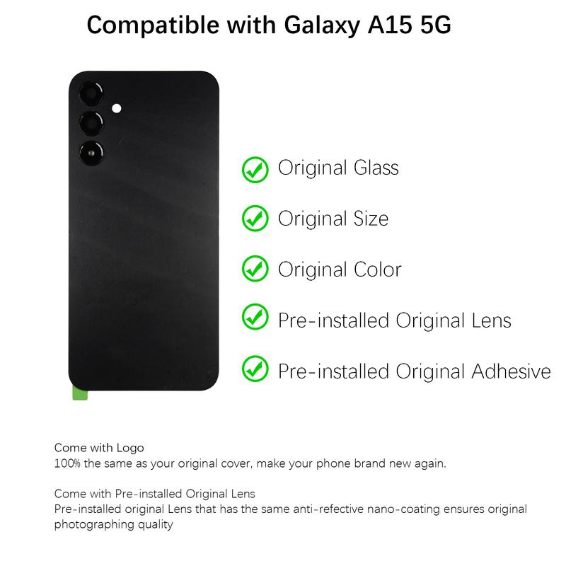 Back Glass Replacement for Samsung Galaxy A15 5G with Camera Lens, Tools Included, Rear Cover Glass