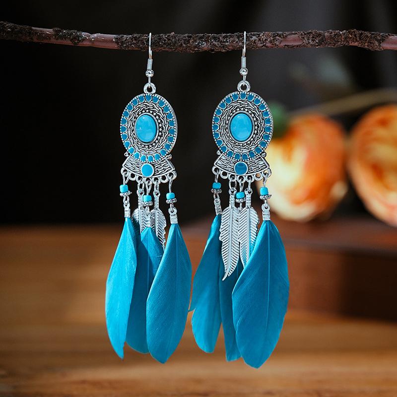 Bohemian Ethnic Long Drop Feather Earrings For Women Beads Handmade Enamel Boho Dangle Earrings Silver Color Jewelry Pendientes