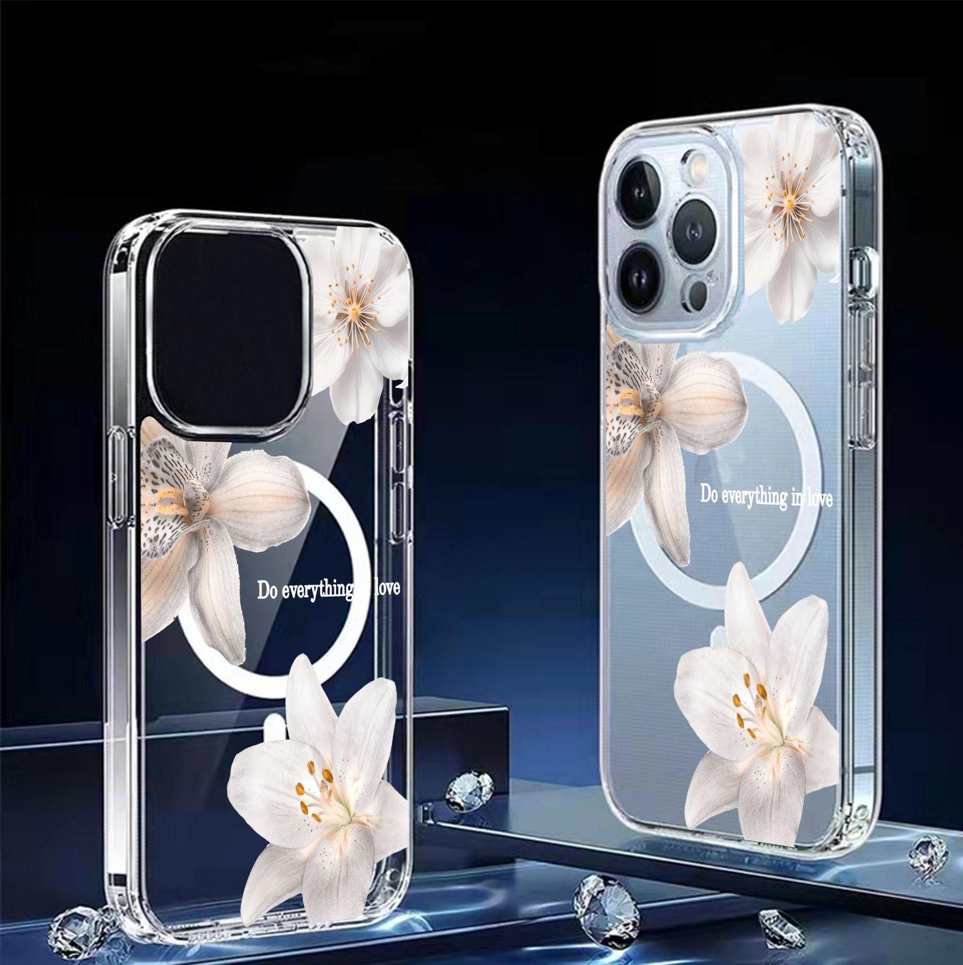 

Прозорий магнітний чохол з квітами для iPhone 15/16/17 Pro Max - Захисна кришка повного покриття Galaxy S25 Plus прозорий