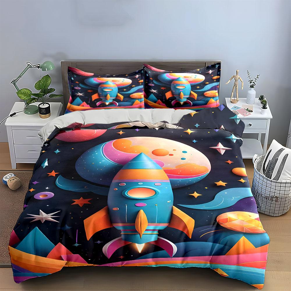 Bunte Rakete und Planeten. Bettwäsche-Sets Bettbezug-Sets Bettbezüge Kissenbezüge(1 * Bettbezug 2 * Kissenbezüge ohne Bettdecke)