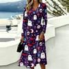 Women's Halloween Print V-Neck Long Sleeve Casual Dress with Pockets