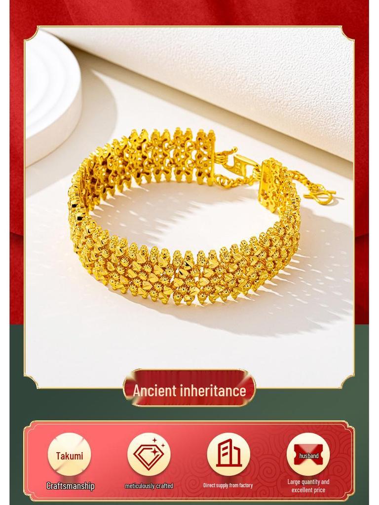 Vietnamesisches Gold Durchbrochenes Disco-Perlenarmband – Nicht verblassender, Trendiger Damenschmuck im Antiken Imitationsgold-Design