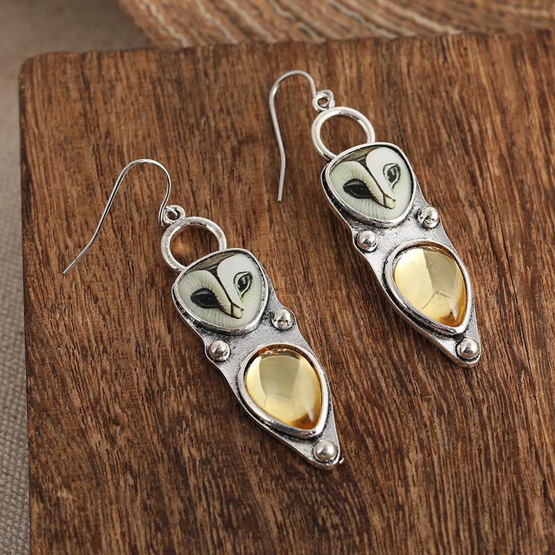 Retro Silver Barn Owl Dangle Earrings Natural Yellow Citrine Inlay Daily Wear Party Gift For Womenn