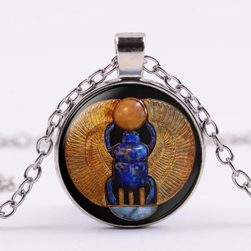 

Древнеегипетское ожерелье с подвеской в ​​виде жука-скарабея, винтажное художественное ожерелье со стеклянным кабошоном для женщин, ювелирные изделия Silver&50CM