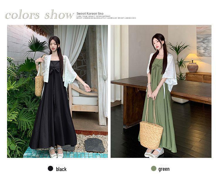 Plus Size Women's Chinese Style Waist-Cinching Camisole Dress & Fairy Cardigan Set