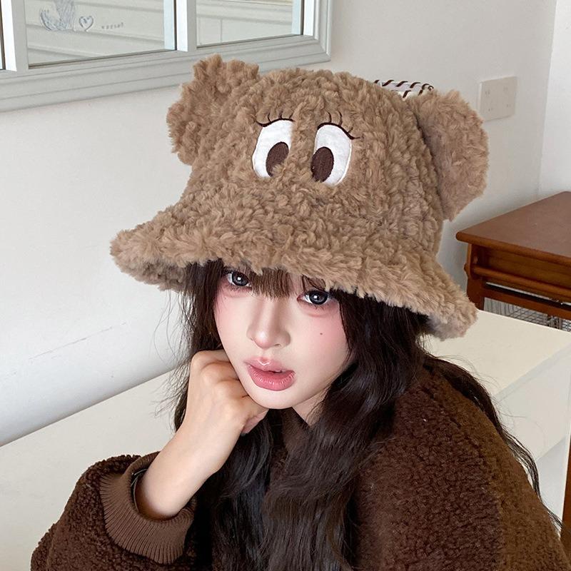Cute funny big eyes plush hat women autumn and winter thickened thermal basin hat big head circumference cartoon couple bucket hat