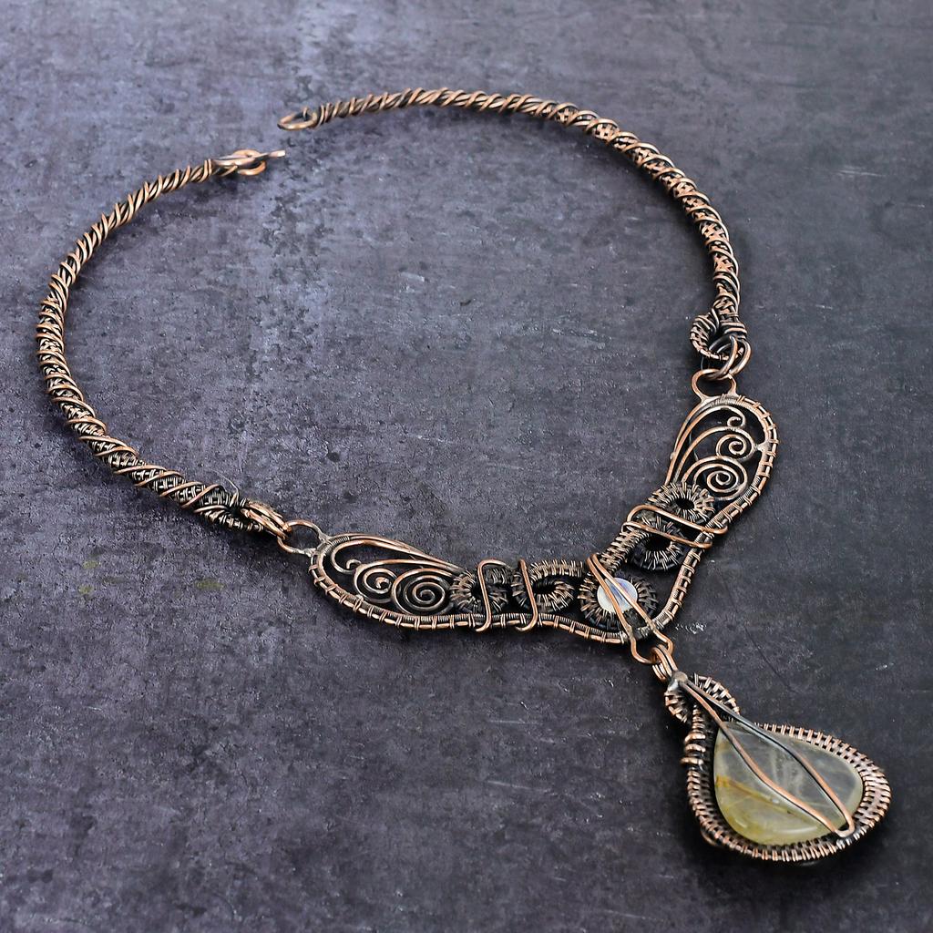 Golden Rutile, Moonstone Handmade Copper Wire Wrap Jewelry Necklace 18" E1j06