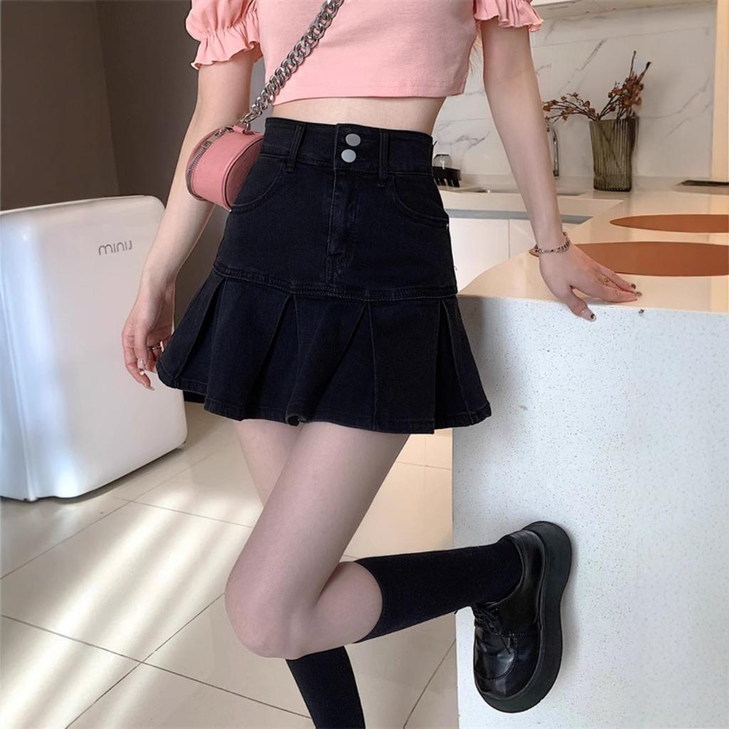 A word design sense retro high waist denim skirt women's new Spice Girl thin ruffle edge pleated skirt