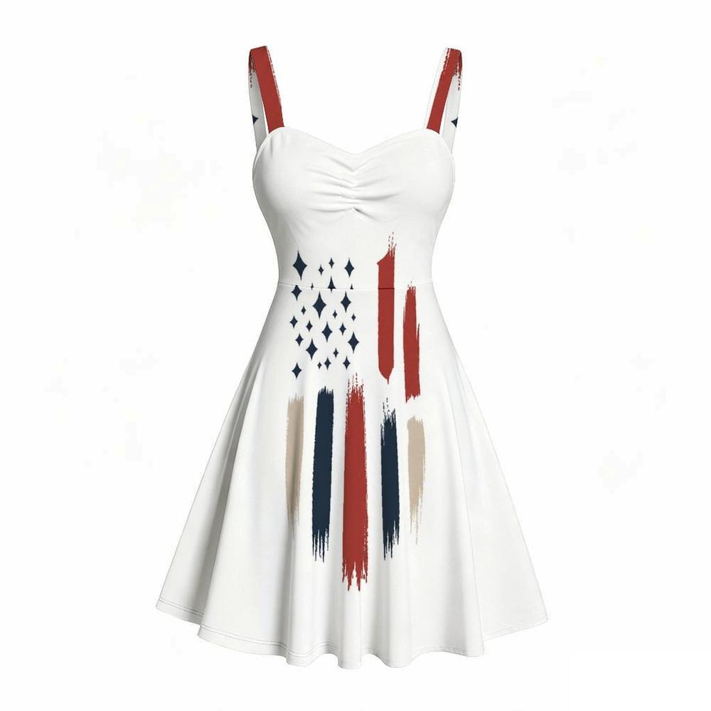 Women Plus Size Off Shoulder Strappy Sleeveless Vintage American Flag Printed Fitted Waist Flared Dress