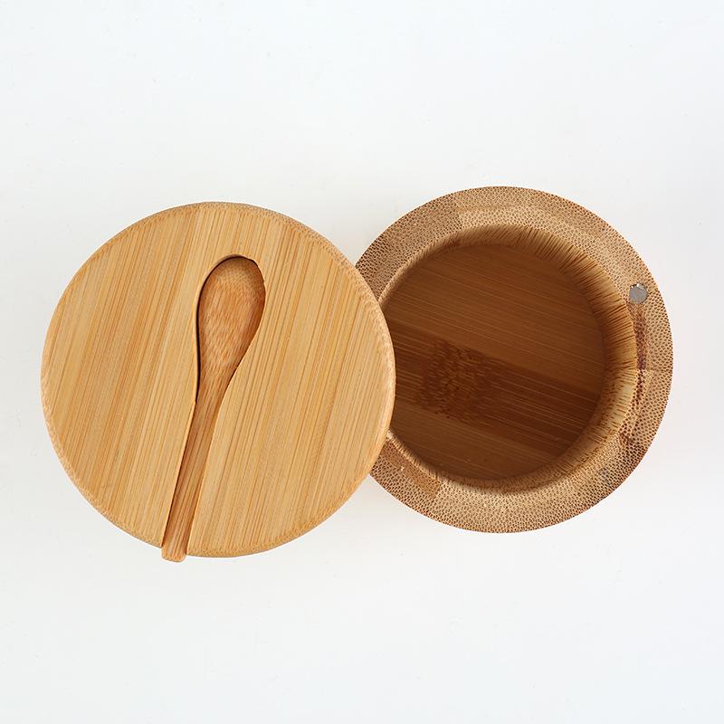 Bamboo Salt Container Spoon Seasoning Jar With Swivel Magnetic Closure Lid To Keep Dry To Storage Pepper Spice Cellar Holder