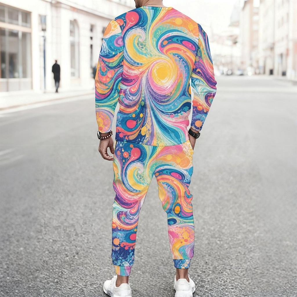 Men Plus Size Printed Round Neck Long Sleeve Top Cuffed Pants Two Piece Set