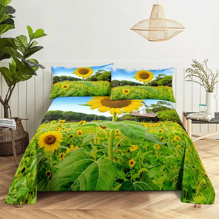 Sunflower Bed Sheets and Pillowcases for Single Double Beds Bedsheets Set with Pillow Case 2pcs 3pcs Queen Full Size 3D Soft