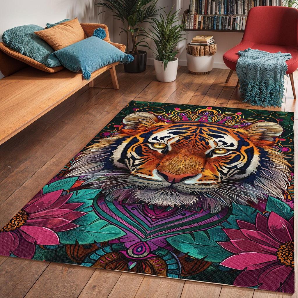 Modern Tiger Art Area Rug Safari Vibe Polyester Chenille Carpet Washroom Floor Mat Washable Dining Room Bedroom Decor Floor Rug
