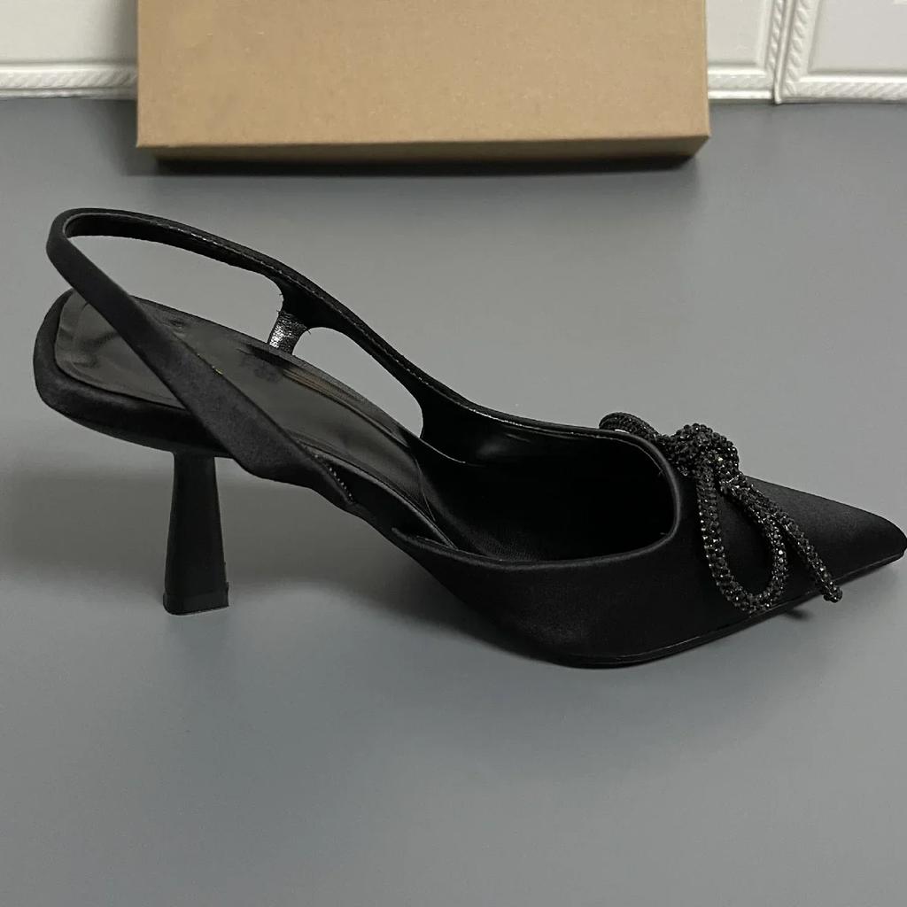 Fashion Crystal Women's Mules Sandals for Party Sexy Black New Pointed Bow Back Strap High-heeled Stiletto with Rhinestone Shoes Ladies