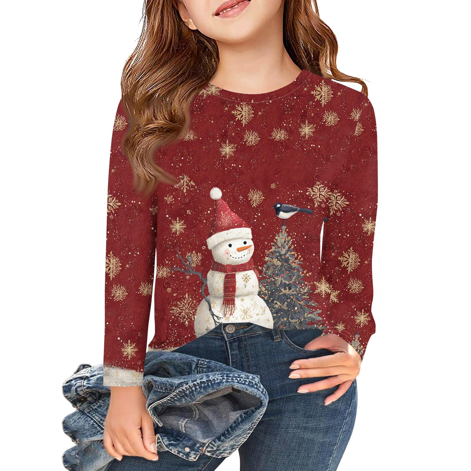 

Рождественские футболки с длинным рукавом для девочек, детские осенние топы с круглым вырезом и принтом, базовые футболки 160 арбуз красный