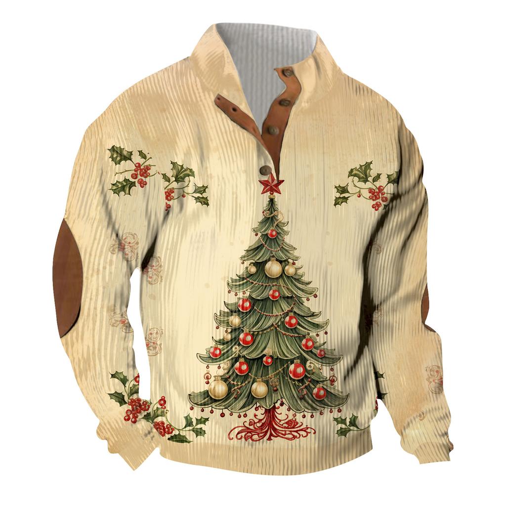 Weihnachtsdruck 3-Knopf - Herren-Sweatshirt mit Stehkragen, lässiger Outdoor-Kapuzenpullover mit Schnalle