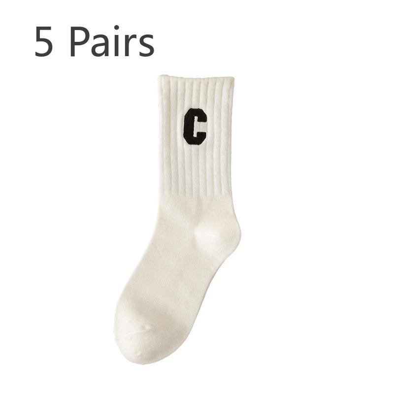 5 Pairs of Female Spring and Autumn Embroidered Letters Solid Color Street Sports Cotton Socks