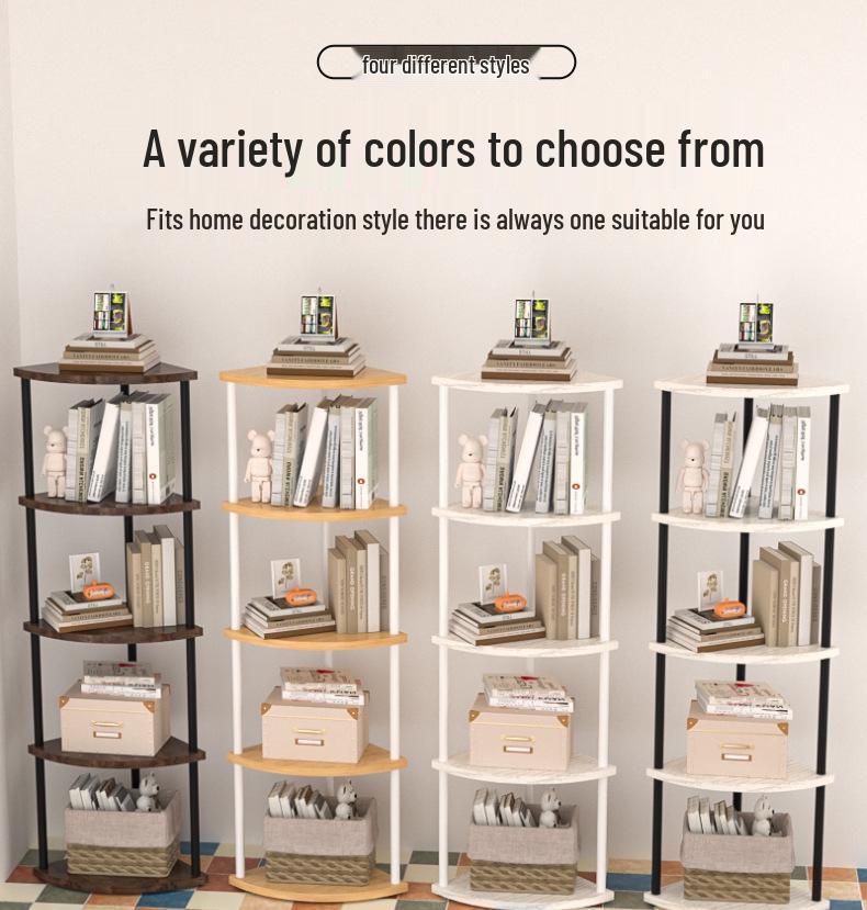 Triangular Corner Cabinet with Multi-Layer Storage and Display Shelves for Living Room or Bedroom.