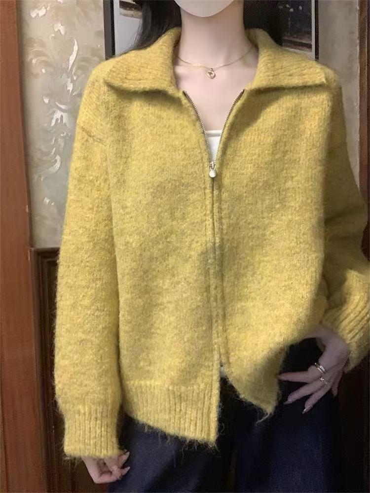 Women's Korean-Style Loose Lapel Double Zipper Sweater Coat - Autumn/Winter 2025 Knitted Cardigan