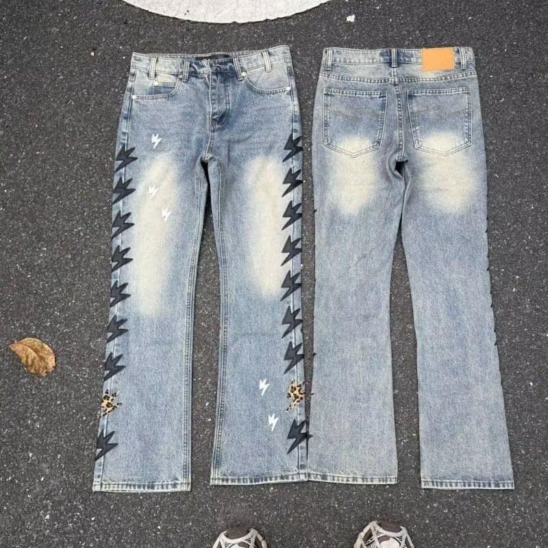 Mens Slim Fit Jeans Punk Style Distressed Printed Denim Pants Teens Casual Wear