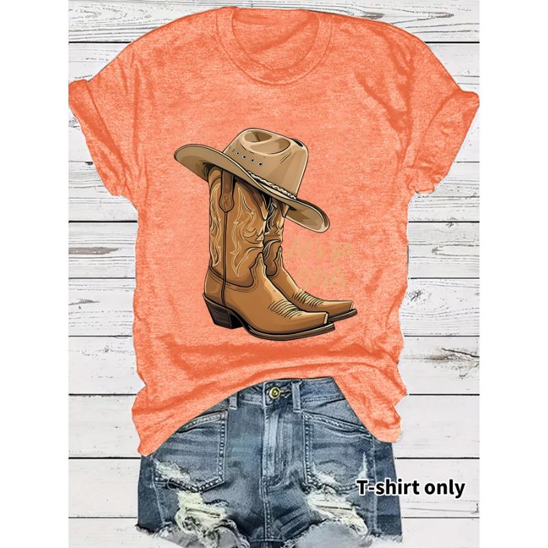 Casual T-shirt Martin Boots and Hat Printed Summer Round-neck Short-sleeved Top