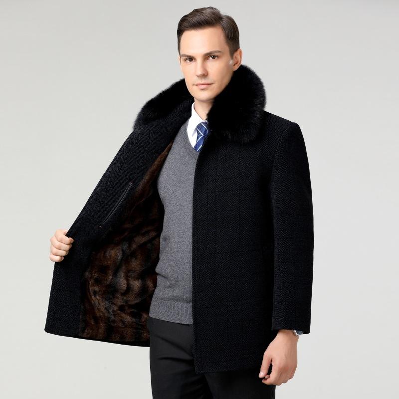 Podzimní a zimní středně dlouhé pánské sametové zahuštěné kašmírové kabáty pro střední a starší věk, vlněné kabáty pro otce a dědečka