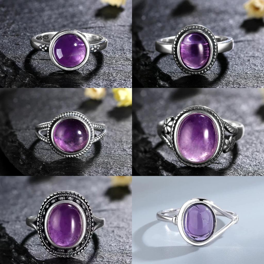 Vintage Carved Pattern Oval Purple Stone Rings, Amethyst Gemstone CopperPlating Ring, Women's Boho Fashion Jewelry Cross-Border