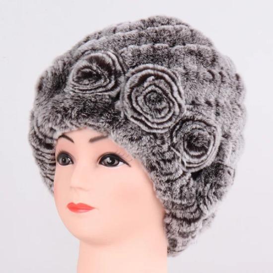 Hot Sale Winter Women Flower Striped Natural Real Fur Hats Lady Warm Knit Genuine Rex Rabbit Fur Caps Outdoor Fur Beanies Hats