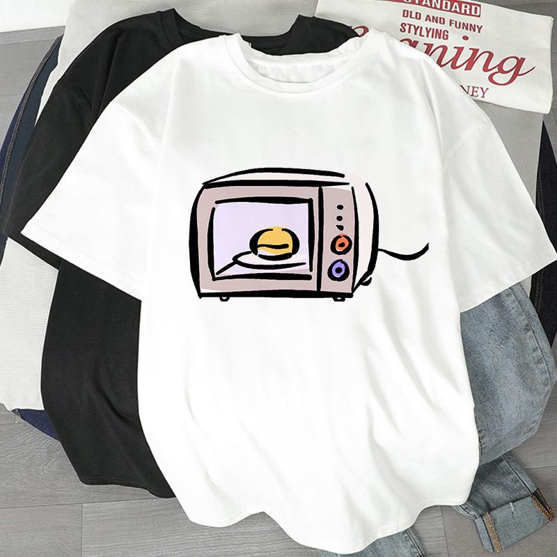 

New For 2025 Cool Fashion T-Shirt For Women Microwave Oven Cartoon Print T Shirt Summer Short Sleeve Female Tee Tops S білий