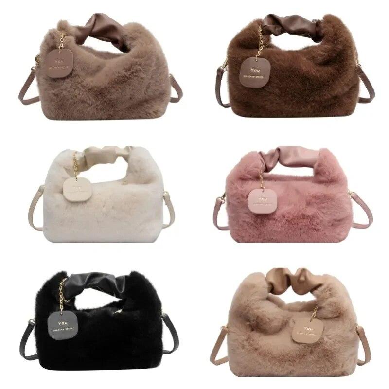 2026 Fashion Soft Plush Half Moon Crossbody Bags for Women Designer Fluffy Faux Fur Lady Handbags Luxury Small Tote Female Winter Purses