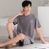 Pure cotton pajamas men's summer breathable simple thin round neck pullover loungewear loose casual short-sleeved shorts set