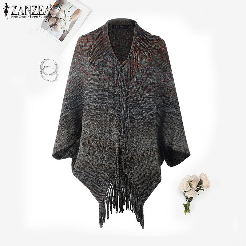 ZANZEA Осень Весна Женский Кардиган Свитер Вязаный Длинный Рукав Открытый Перед Полосатый Повседневный С Кисточками One Size чёрный