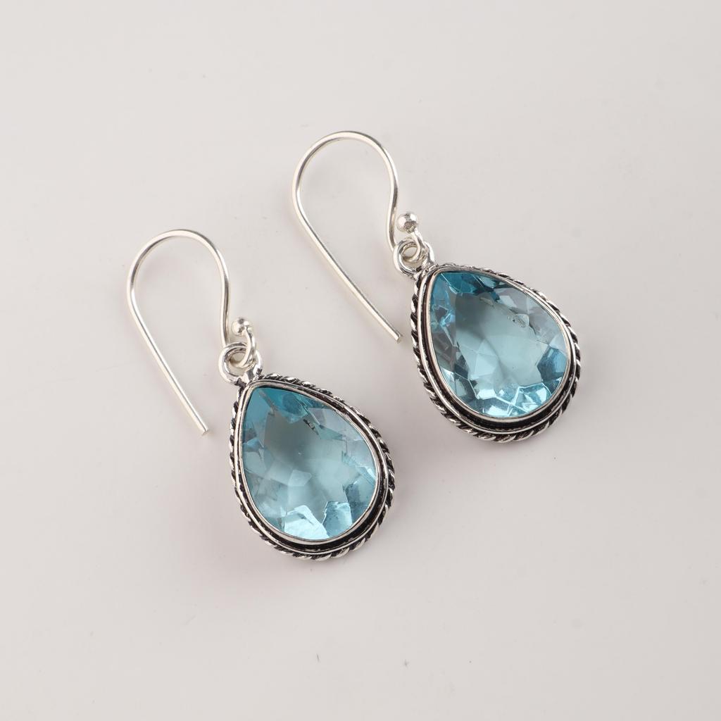 Sky Blue Topaz Gemstone 925 Sterling Silver Handmade Designer Earrings 1.5" Women Jewelry AEE-2-3