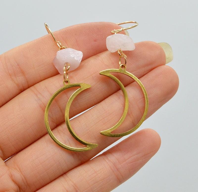Exquisite Simple Gold Color Stainless Steel Hollowed-out Crescent Moon Irregular Crystal Dangle Earrings for Women Jewelry Gift