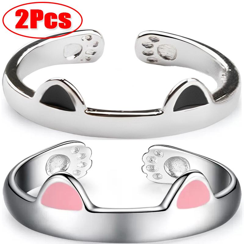 2Pcs Cute Cat Rings for Women Girls Adjustable Cat Ears Paw Animal Finger Ring Couple Cartoon Little Cat Kitten Gift Jewelry