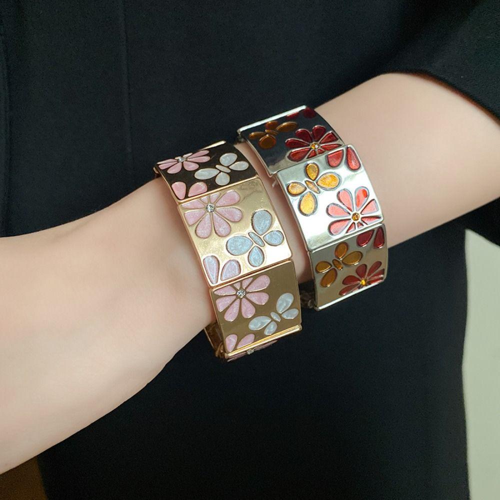 Metal Geometric Square Bangle Gold Elastic Bangles Drip Oil Flower Bracelet  Jewelry Accessories