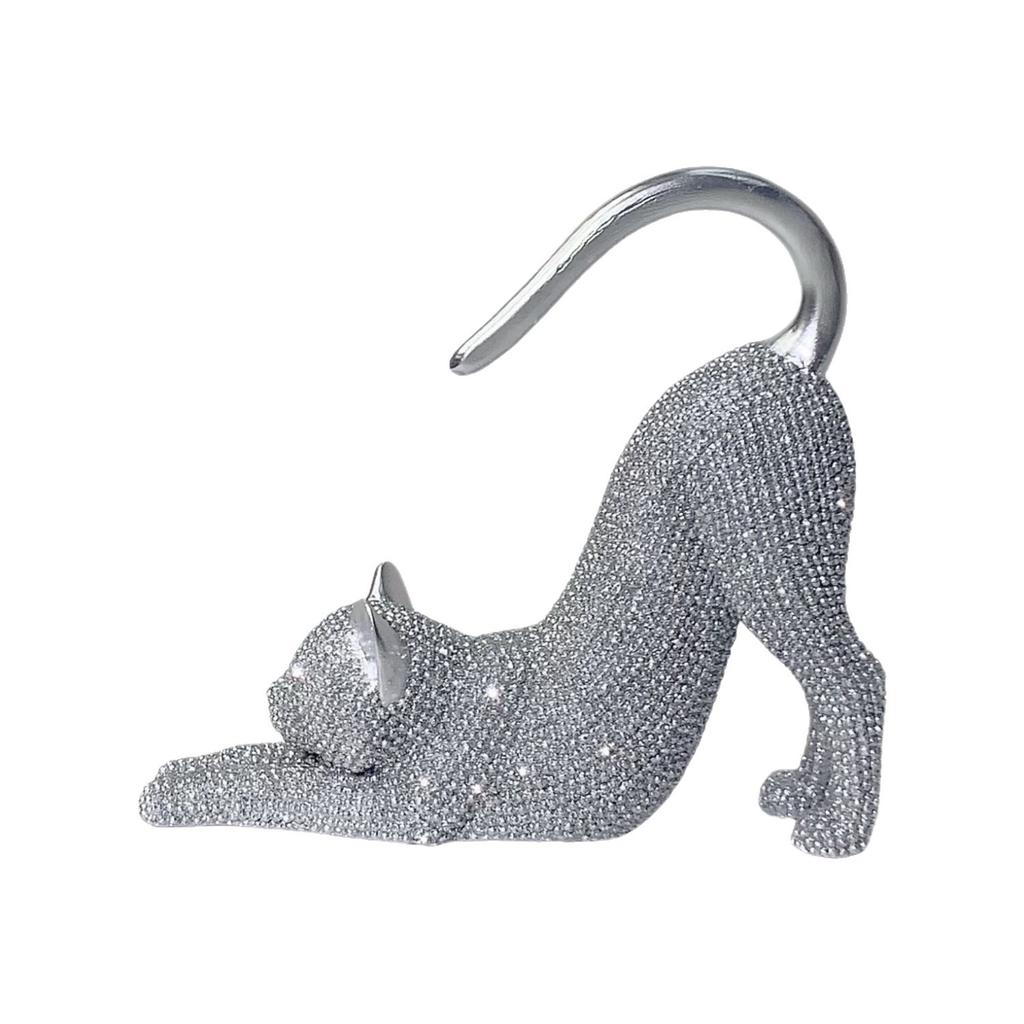 Sparkling Rhinestone Stretching Cat Figurine Jewelry Holder Light Desktop Decor for Necklace Earring Storage Home Accent Gift
