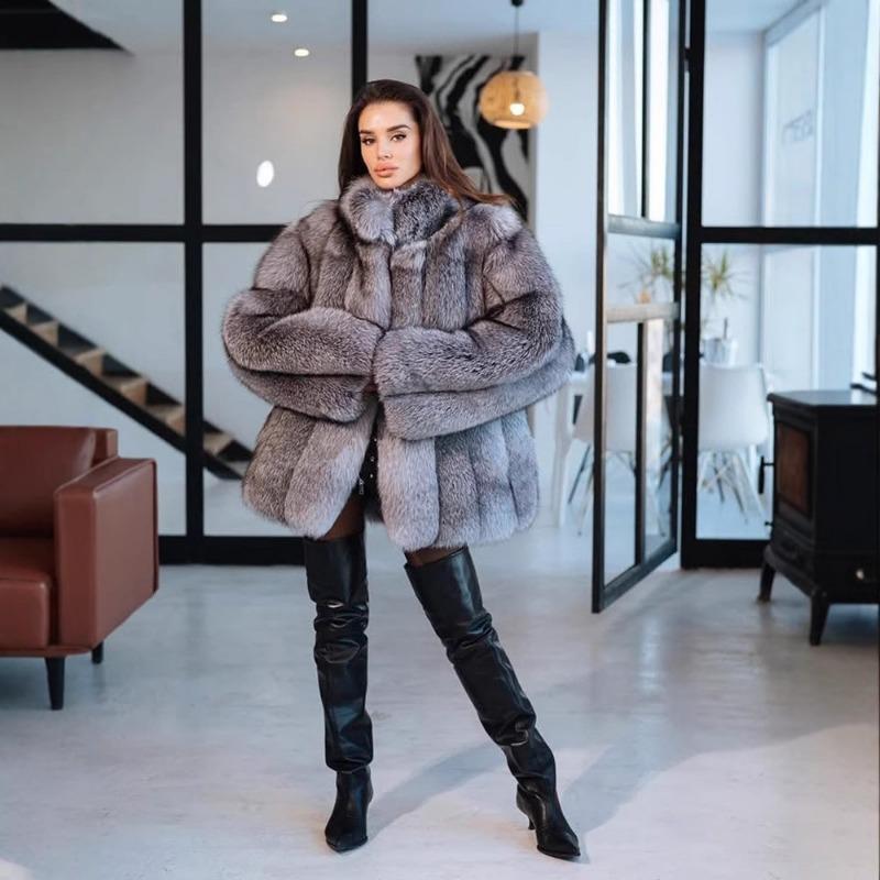 

Осінньо-зимове нове імітаційне пальто імітація лисячого хутра з нашивками пальто з довгим рукавом жіночий вільний потовщений тепловий топ L